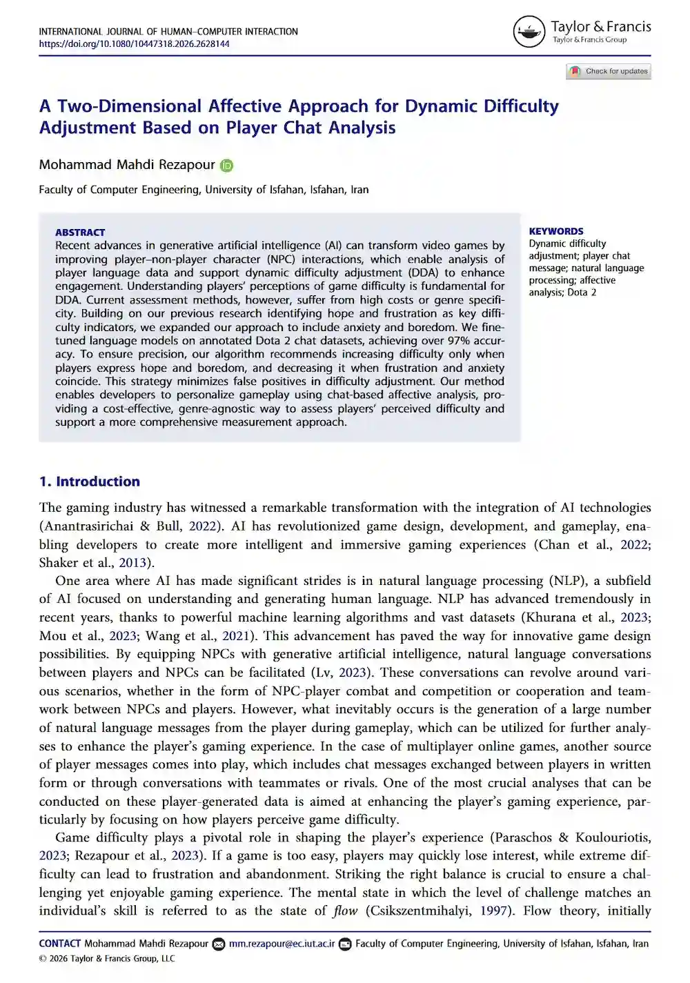 First page of the research paper: Dynamic Difficulty Adjustment